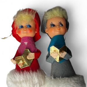 RARE Vtg 1950 Pixie Caroler Kids Ornaments Figurines Felted MADE JAPAN